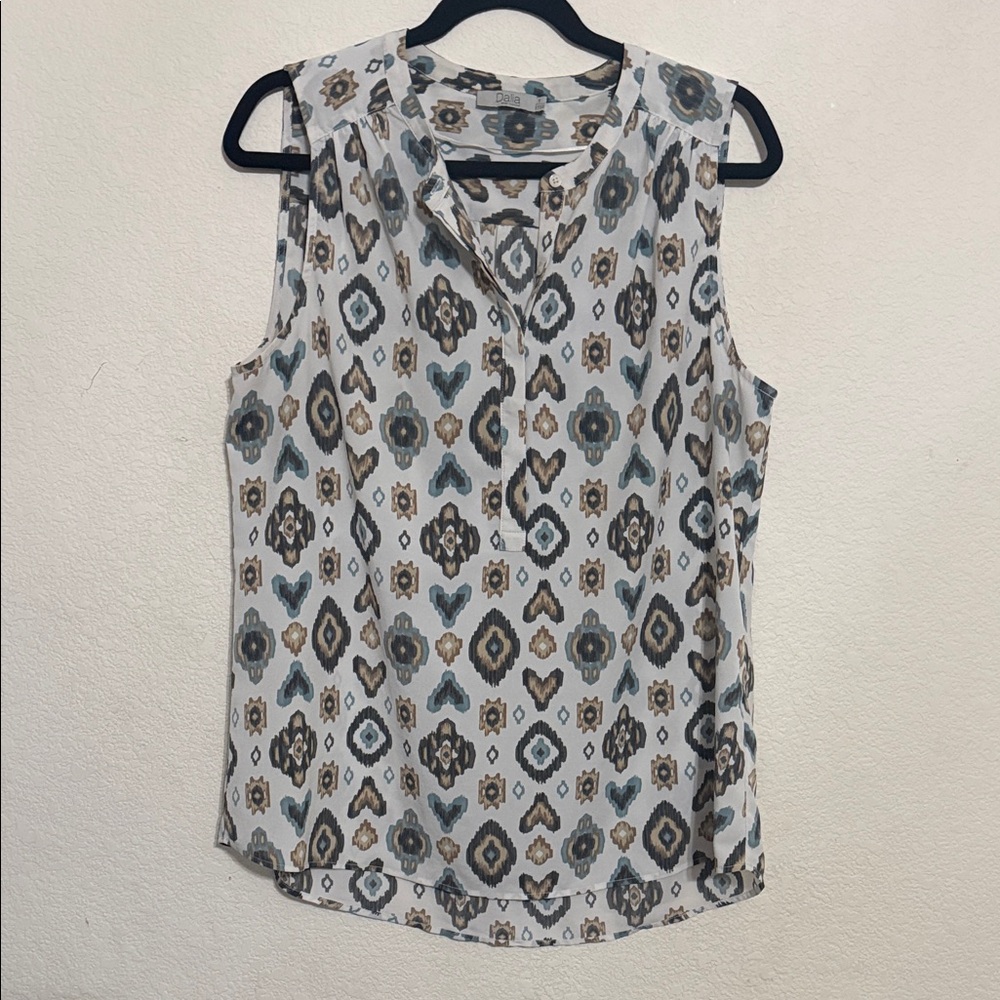 Dalia Sleeveless Printed V-Neck Camisole in White, Taupe, and Muted Blue